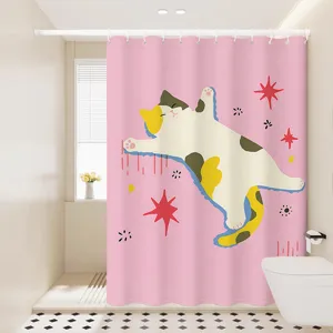 Rideau de douche chat mignon rose tissu imperméable cloison de salle de bain déco.