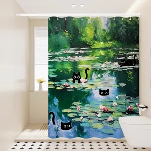 Vue detaillee rideau de douche chat noir nenuphar, tissu impermeable salle de bain.