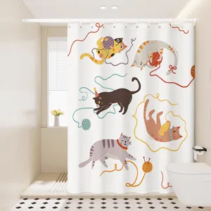 Rideau de douche imperméable avec chats de dessin animé mignons pour salle de bain, style
