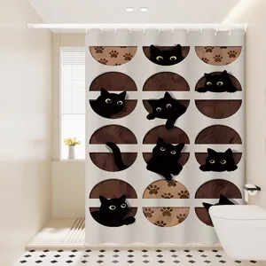 Rideau de douche étanche avec chats noirs mignons, design de dessin animé pour la salle de bain.