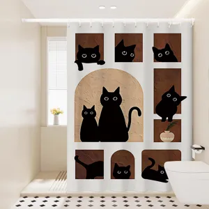 Rideau de douche de salle de bain imperméable avec jolies silhouettes de chat noir style frais tissu