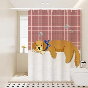 Détail de rideau de douche Golden Retriever mignon, décor de salle de bain chien, tissu.