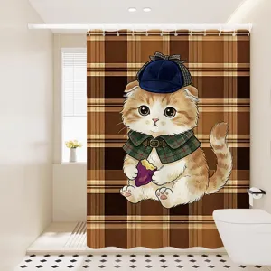 Rideau de douche imperméable avec motif de chat mignon, design à carreaux pour bain.