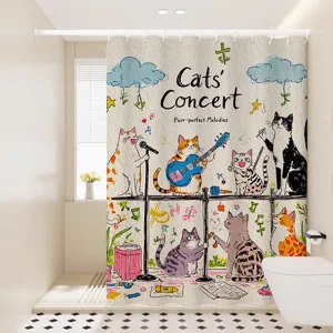 Rideau de douche imperméable avec illustration de chats mignons pour décoration de salle de bain.