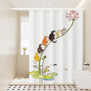 Rideau de douche imperméable avec chats mignons et lotus pour la décoration de salle de bain.