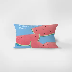 Vue de détail du coussin rectangulaire imprimé pastèque style nordique, tissu doux.