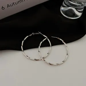 Detailed close-up of large twisted silver hoop earrings displayed on a chic tabletop scene.