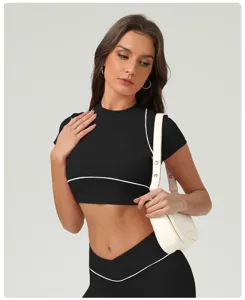 Donna crop top sportivo asciugatura rapida manica corta t-shirt fitness contrasto palestra