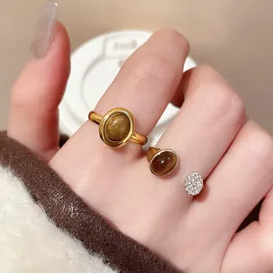 Vintage Kupfer Open Ring Für Damen Vergoldet Unregelmäßig Strass Tigerauge Fingerring Mode Schmuck