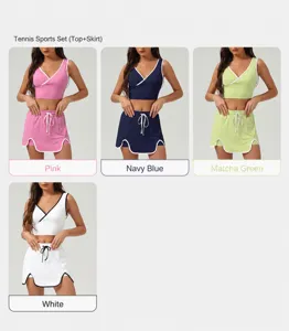 Women tennis activewear set tank top and pleated skirt sports workout fitness outfit.