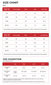 Tennis vest and skirt size chart showing length, bust, waist, hip, and fitting recommendations.