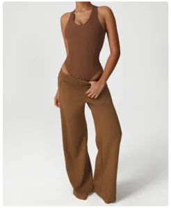 Brown ribbed bodysuit and loose wide leg sweatpants set, comfortable casual wear for daily sports.