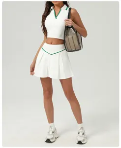 White athletic tennis dress set sleeveless crop top and pleated skirt for sports women