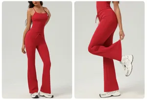 Top caraco rouge et pantalon évasé assorti ensemble de sport, tenue de yoga confortable.