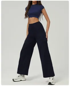 Women's navy blue loose straight cargo pants with side pockets, casual athletic wear for dance.