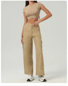 Detailed view of the high-waisted casual cargo pants with straight leg and side pockets.