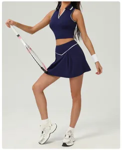 Women athletic tennis skirt set navy blue sleeveless polo crop top pleated activewear
