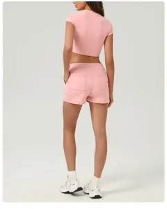 Femme Rose Crop Top Et Short De Sport Ensemble Fitness Yoga Gym Vêtements De Sport Casual
