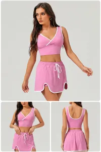Women athletic sportswear two-piece set pink crop tank top skirt tennis golf gym outfit