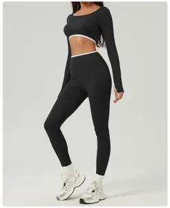 Womens long sleeve fitness crop top and high waist leggings yoga set detail view.