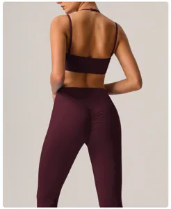 Vue arrière détaillée d'un ensemble de yoga sport pour femme, avec legging froncé et soutien-gorge.