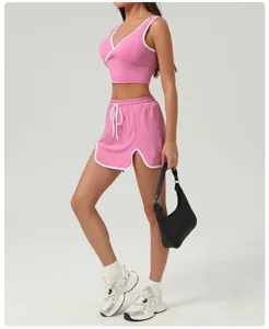 Pink athletic crop top and sports skirt set for women gym fitness activewear workout outfit
