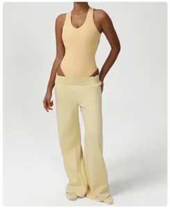Casual loose straight leg sweatpants and ribbed bodysuit set for women, street daily wear.