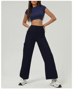 Detailed view of stylish navy blue crop top paired with high waist cargo pants set.