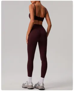 Solid color workout set for women, high waist yoga leggings and sports bra, athletic activewear.