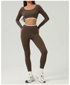 Brown long sleeve crop top high waist yoga set activewear fitness running gym outfit