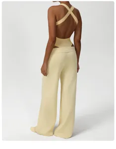 Detail shot of the back view of stylish casual wide-leg sweatpants and matching bodysuit.