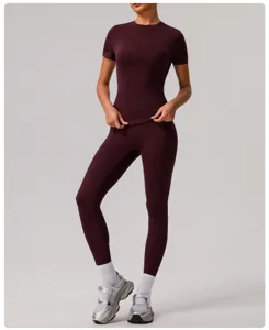 Solid color athletic yoga set detail shot, showing breathable fabric and tight fit design.