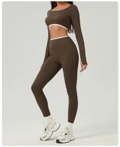 Nude feeling quick-drying fitness set detail showcasing long sleeve crop top and high waist yoga leggings.