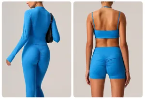 Vue détaillée d'un ensemble de yoga sport pour femme avec haut à manches longues et short.