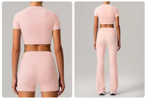 Women nude feel stretch yoga set crop top high waist athletic pants fitness workout wear