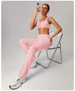 Ensemble yoga rose femme pantalon évasé taille haute haut court de sport fitness