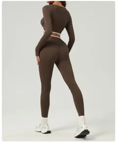 Back detail of women's brown long sleeve activewear crop top and high waist yoga leggings.