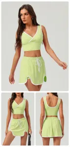 Matcha green women sports set, v-neck crop top and tennis skirt with drawstring for workout.