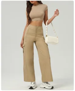 Stylish women casual two piece set slim crop top and high waist wide leg cargo pants.