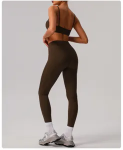 Solid color nude feel yoga set for women, high waist tight seamless fitness activewear.