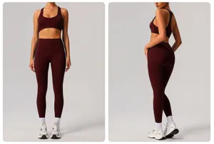 Set yoga senza cuciture da donna, leggings sportivi e reggiseno in dettaglio.
