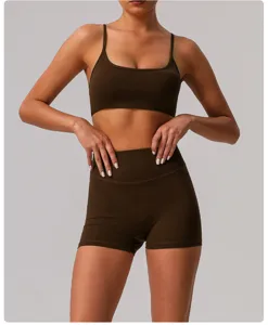 Seamless high waist yoga set solid color activewear fitness workout sports bra and shorts