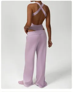 Back view detail of light purple casual wide-leg sweatpants and backless activewear top.