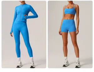 Gros plan sur les details de l'ensemble de yoga fitness a sechage rapide, tissu lisse et sportif.