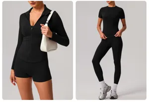 Close-up detail of women seamless activewear yoga set featuring stretchy breathable black fabric.