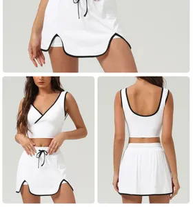 Detailed view of white athletic tank top and skirt set with stylish black piping and drawstring.