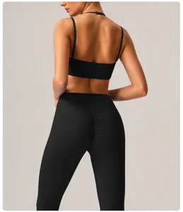 Détail du dos d'un ensemble de sport noir pour femme avec soutien-gorge et leggings.