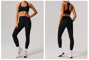 Set yoga nero con reggiseno sportivo e leggings a vita alta per fitness, palestra e corsa.