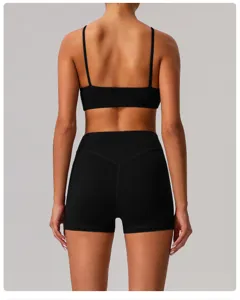 Women solid color athletic yoga set breathable fitness gym workout crop top and shorts