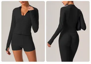 Ensemble de yoga noir à manches longues zippées pour femme tenue de sport fitness running.
